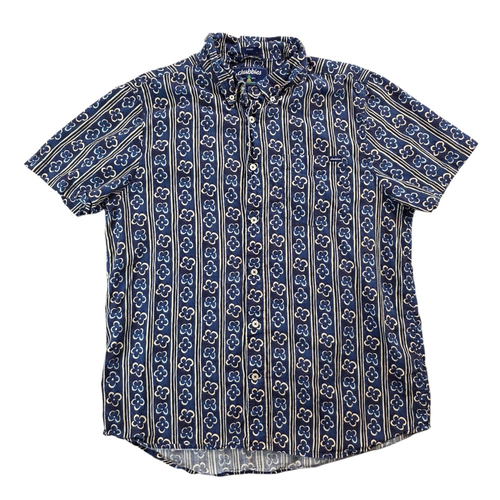 Chubbies Resortwear Weekend Friday Button Down Shirt Blue Floral Striped Mens Md